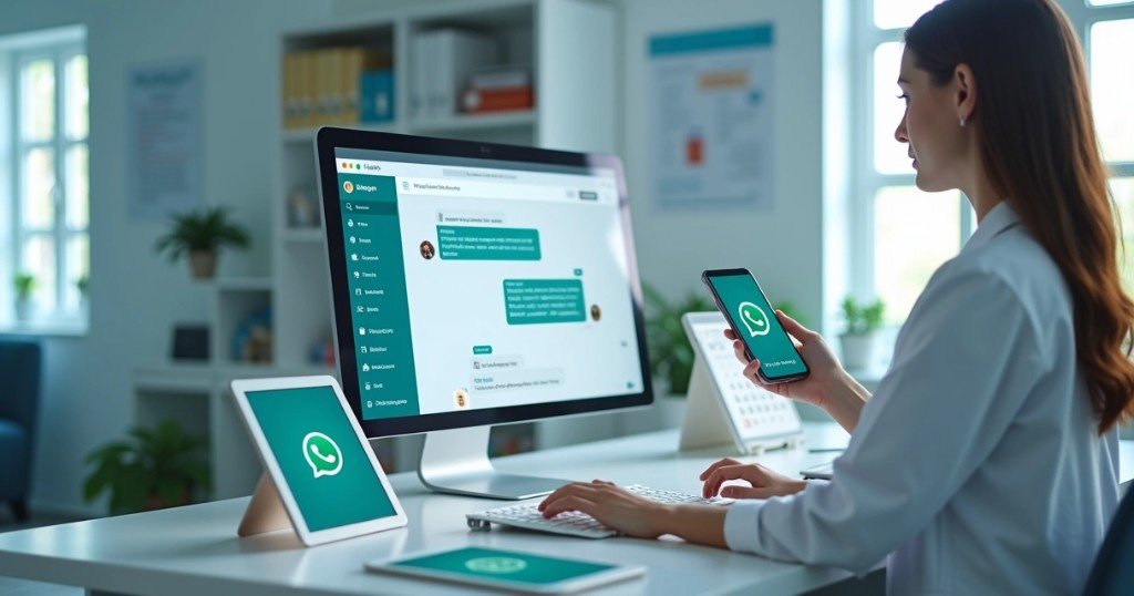Profissional de clínica gerenciando agendamentos e mensagens pelo WhatsApp no computador, tablet e celular